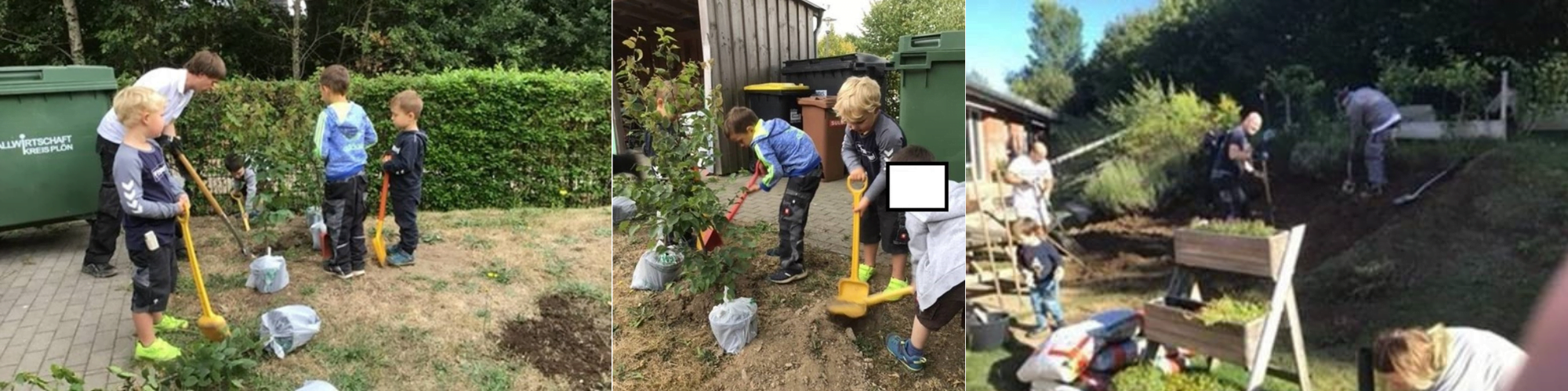 Foto mit Kindern und ihren Eltern, die Bäume im Kindergarten einpflanzen