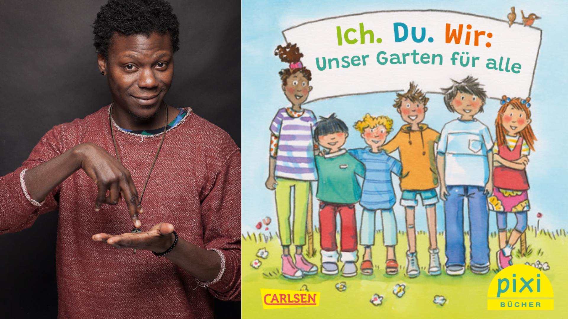 Gebärdender Dodzi Dougban und Pixi-Cover