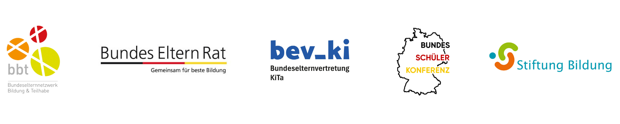 Logoleiste mit den Logos von bbt, Bundeselternrat, bevki, Bundeschüler*innenkonferenz und Stiftung Bildung