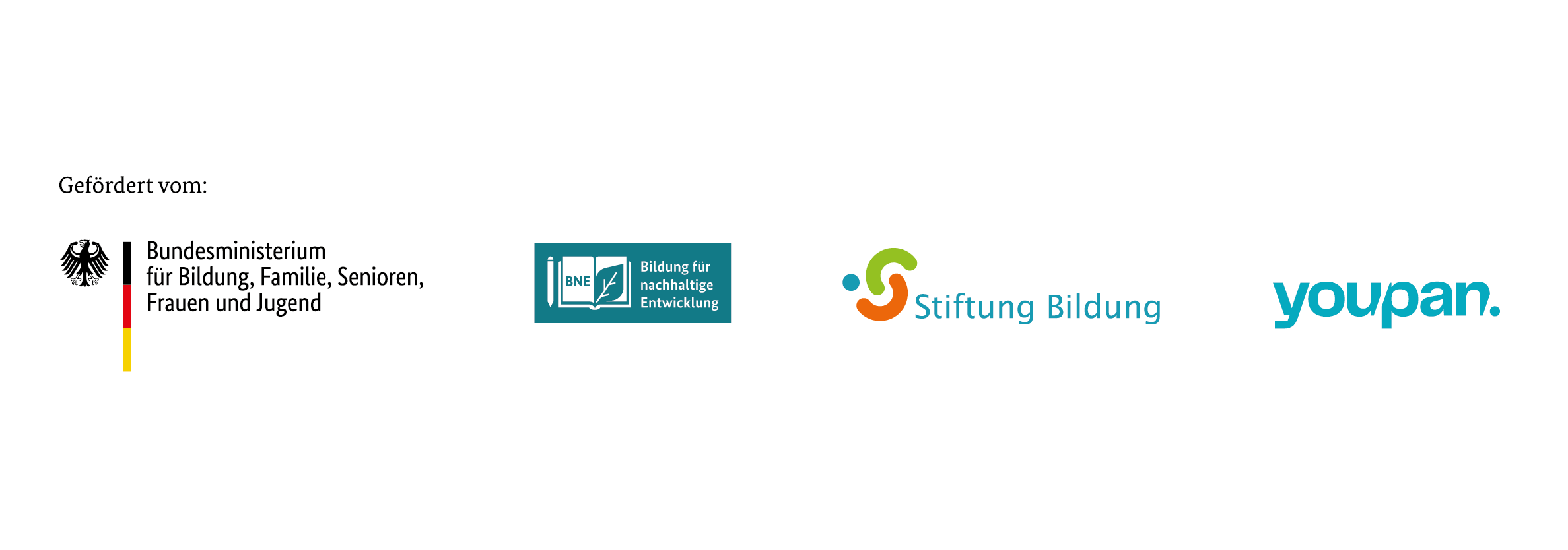 Logos des BMBF, der BNE-Gremien, der Stiftung Bildung, des youpan