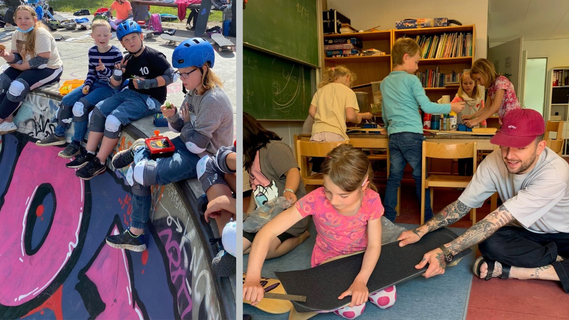 Kinder sitzen an Skaterrampe und bauen ein Board