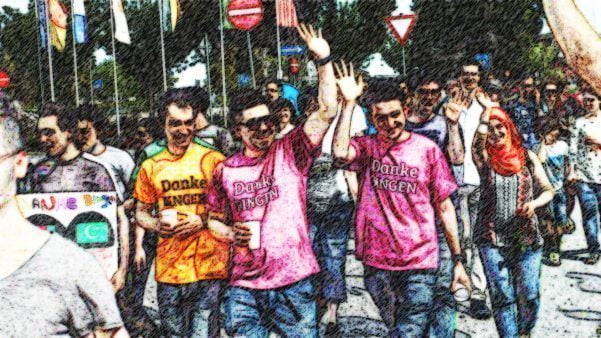 Winzerfestumzug., Gruppe von Geflüchteten