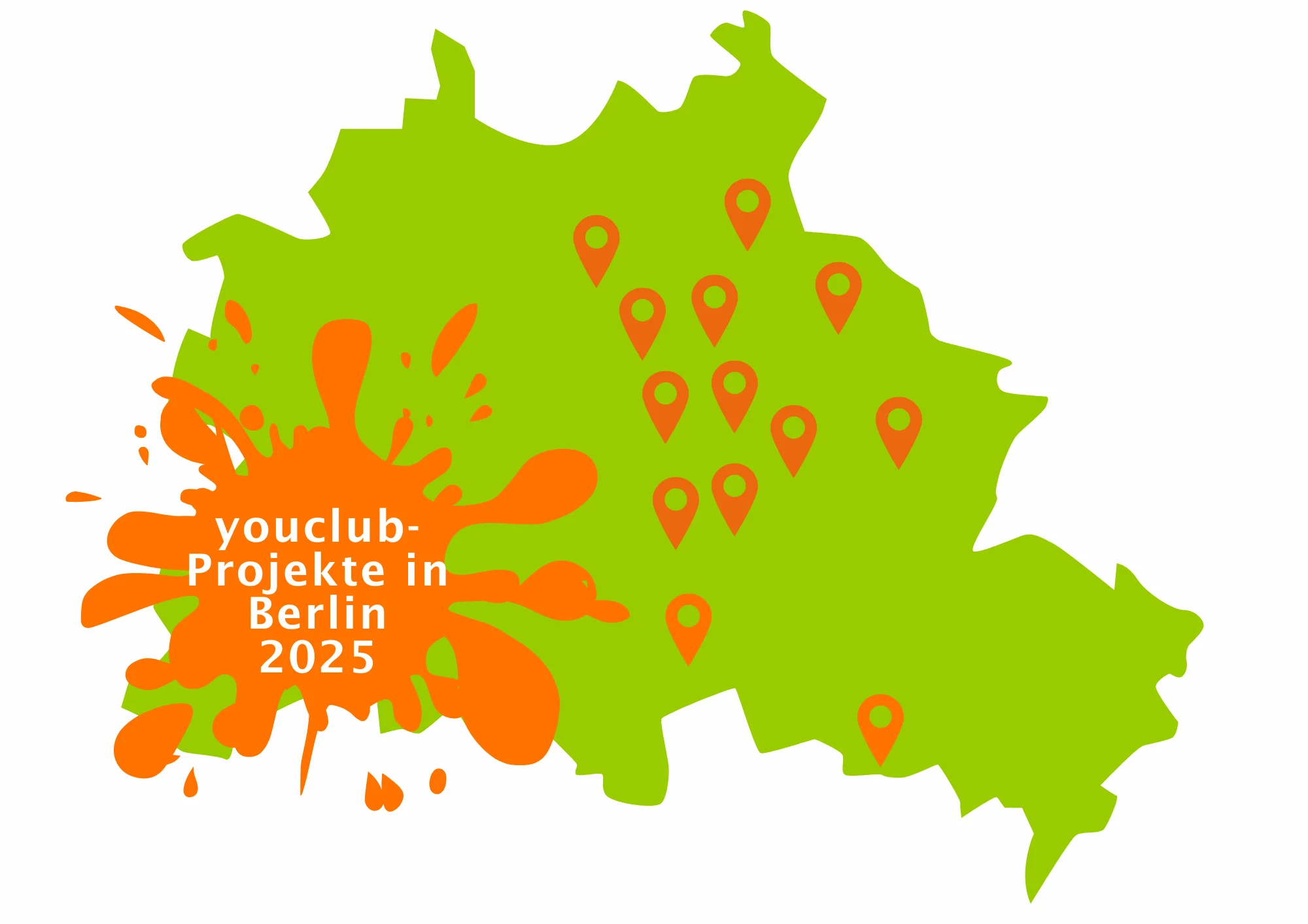 Karte von Berlin als Grafik mit verzeichneten youclub-Projekten für das Jahr 2025