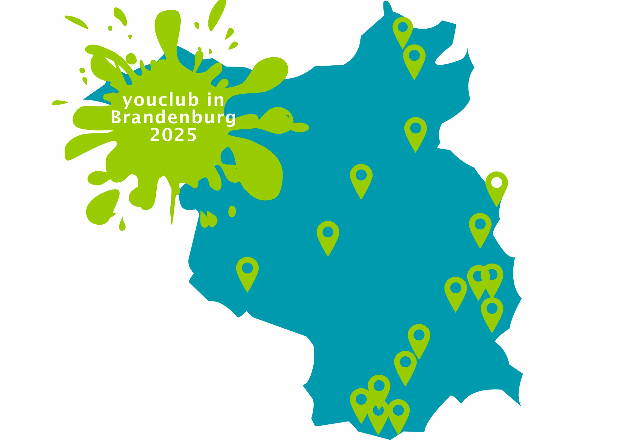 Karte von Brandenburg als Grafik mit verzeichneten youclub-Projekten für das Jahr 2025