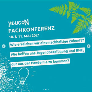 youcoN Fachkonferenz 2021 Mai Ankündigung youcoN_Fachkonferenz Mai 2021, weiße Schrift auf türkiosem Hintergrund mit grüner Palme