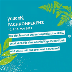youcon_Fachkonferenz_Mai_3 Ankündigung youcoN_Fachkonferenz Mai 2021, weiße Schrift auf türkiosem Hintergrund mit grüner Palme